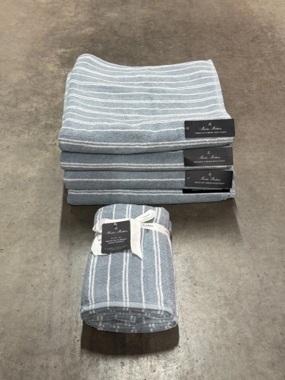 2 Brooks Brothers Premium Turkish Cotton Hand Towels White Blue Gray Stripe